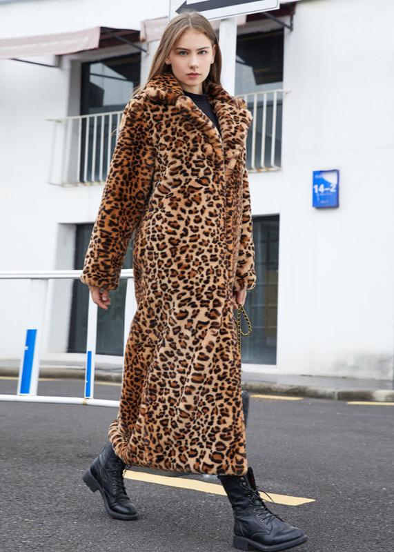 Leopard Print Faux Fur Long Coat with Suit Collar