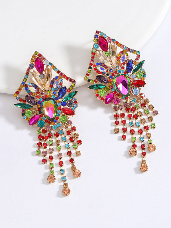 Geometric Rhine Stones Tasseled Drop Earrings