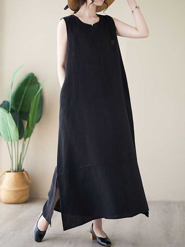 A-Line Loose Solid Color Round-Neck Midi Dresses