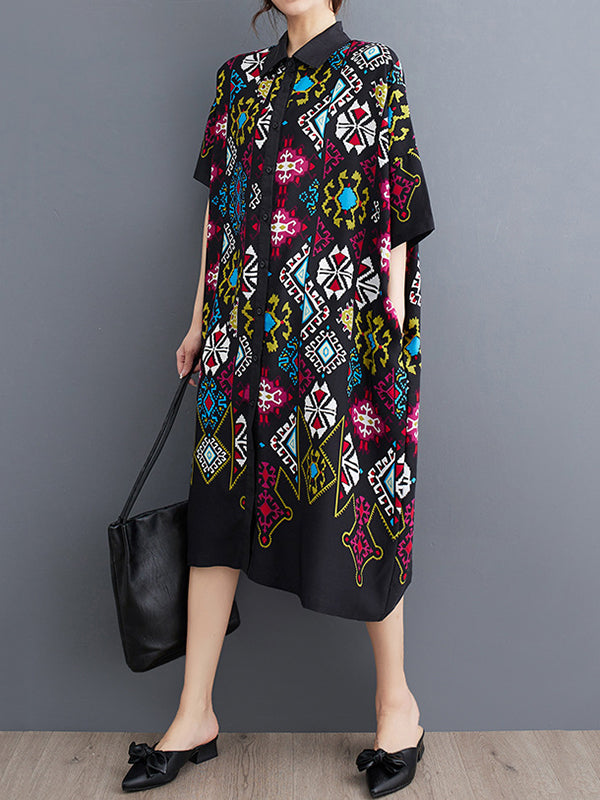 A-Line Loose Buttoned Printed Lapel Midi Dresses