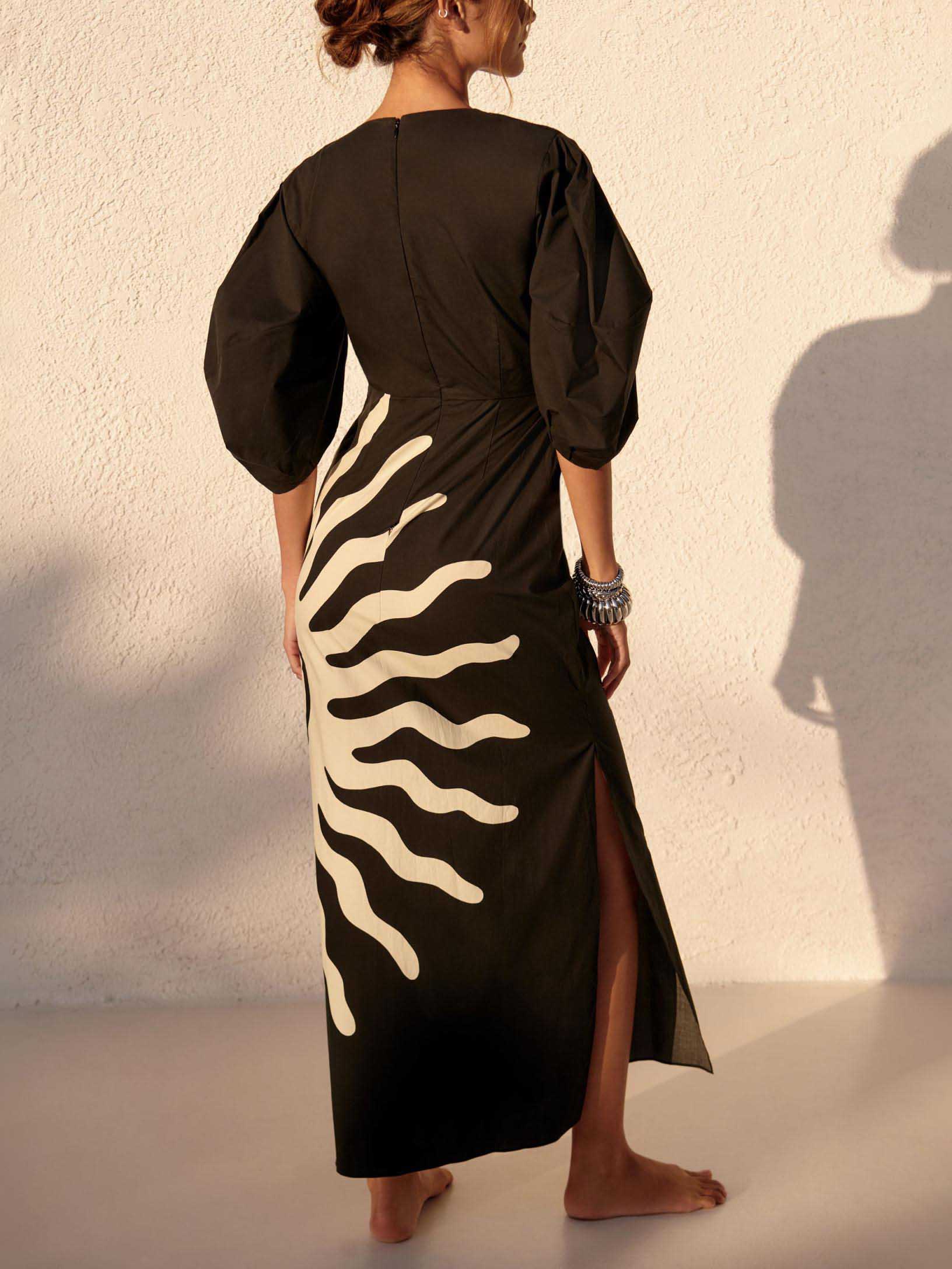 Unique Puff Sleeve Abstract Sun Print Midi Dress