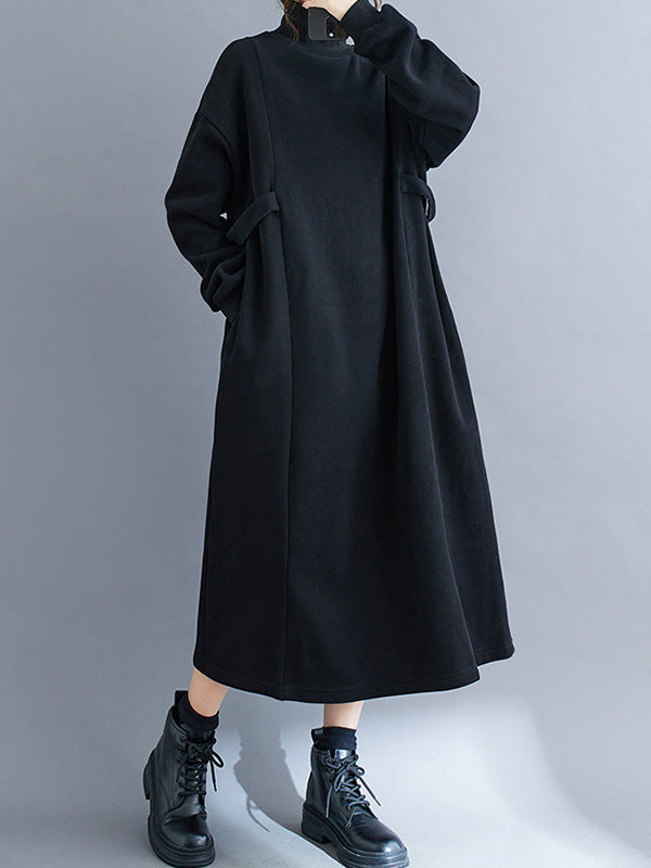 A-Line Long Sleeves Solid Color Mock Neck Midi Dresses