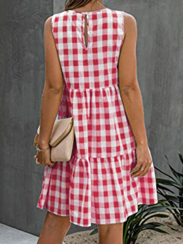 Loose Sleeveless Hollow Plaid Pleated Split-Joint Round-Neck Mini Dresses