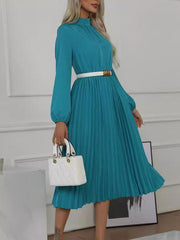 Long Sleeves Loose Buttoned Elasticity Hollow No Belt Pleated Solid Color High Neck Midi Dresses