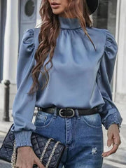 Loose Puff Sleeves Elasticity Hollow Pleated Split-Joint Stand Collar Blouses