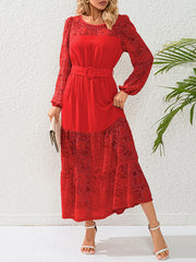 A-Line Long Sleeves Belted Elasticity Mesh Solid Color Split-Joint Round-Neck Maxi Dresses