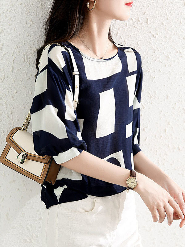 Loose Three-Quarter Sleeves Printed Split-Joint Round-Neck Blouses&Shirts Tops