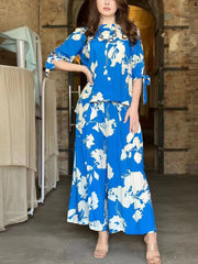 Flower Print Round-Neck Tied T-Shirt&Wide Leg Pants Two Pieces Set