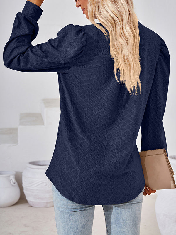 Long Sleeves Loose Jacquard Solid Color V-neck T-Shirts Tops