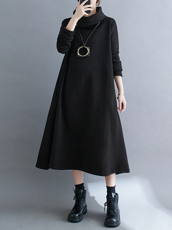 A-Line Long Sleeves Asymmetric Solid Color Zipper High Neck Midi Dresses