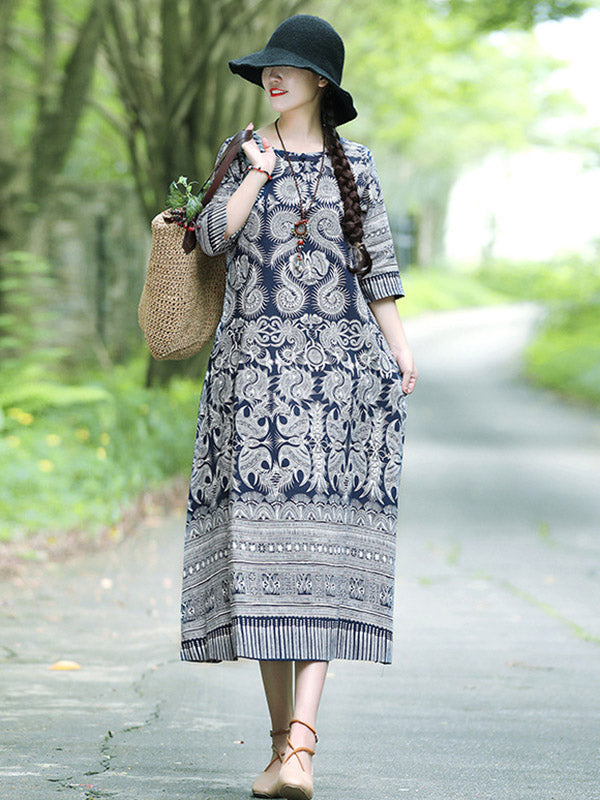 Vintage Cotton Blend Printing Midi Dresses