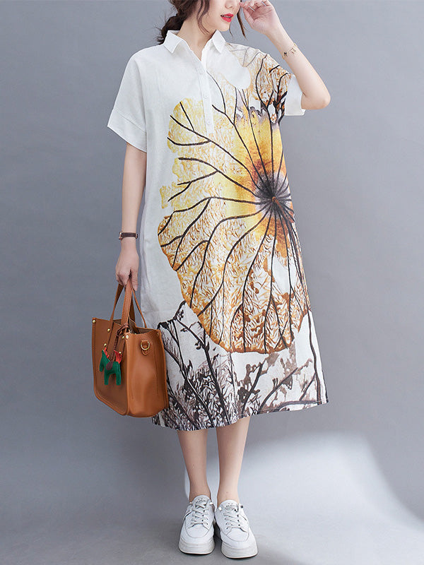 Artistic Retro Floral Printed Buttoned Lapel Collar Short Sleeves Midi Shirt Dress