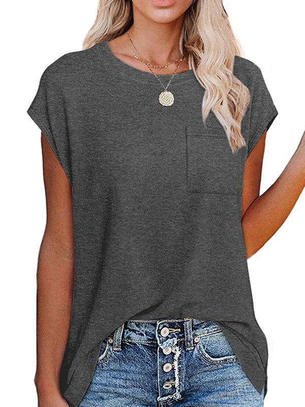 Simple Cotton-Blend Short Sleeves Round-Neck T-Shirt Top