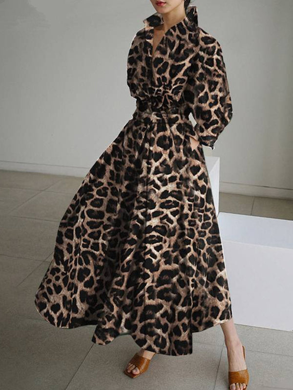 High Waisted Long Sleeves Buttoned Leopard Lapel Maxi Dresses