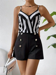 Loose Sleeveless Buttoned Split-Joint Striped Spaghetti-Neck Vest Top + Shorts Bottom Two Pieces Set