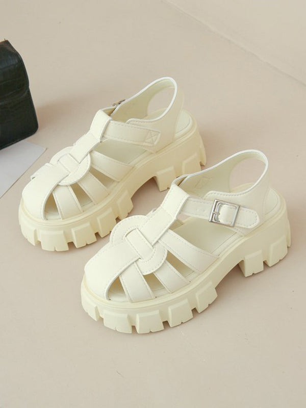 Belt Buckle Hollow Round-Toe Split-Joint Gladiators Platform Shoes Sandals