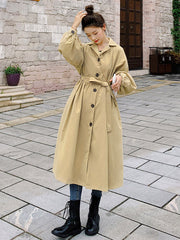 Casual Lose Tied Buttoned High-Waist Notched Collar Long Bishop Sleeves Trench Coat