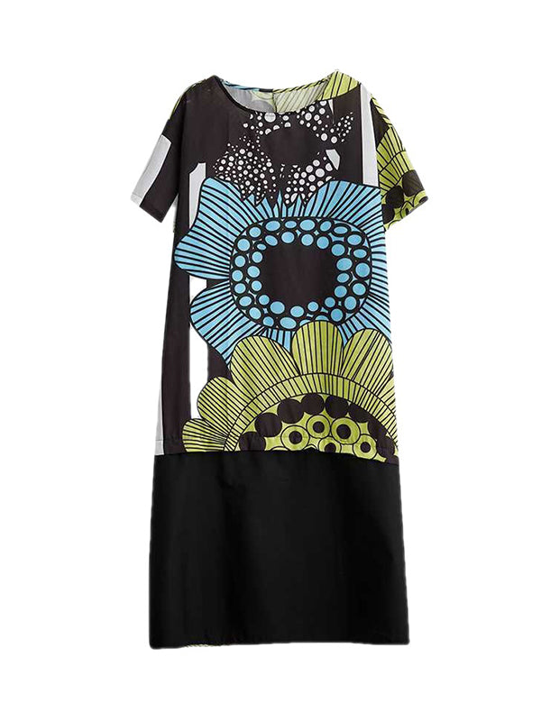 A-Line Loose Flower Print Pockets Split-Joint Round-Neck Midi Dresses