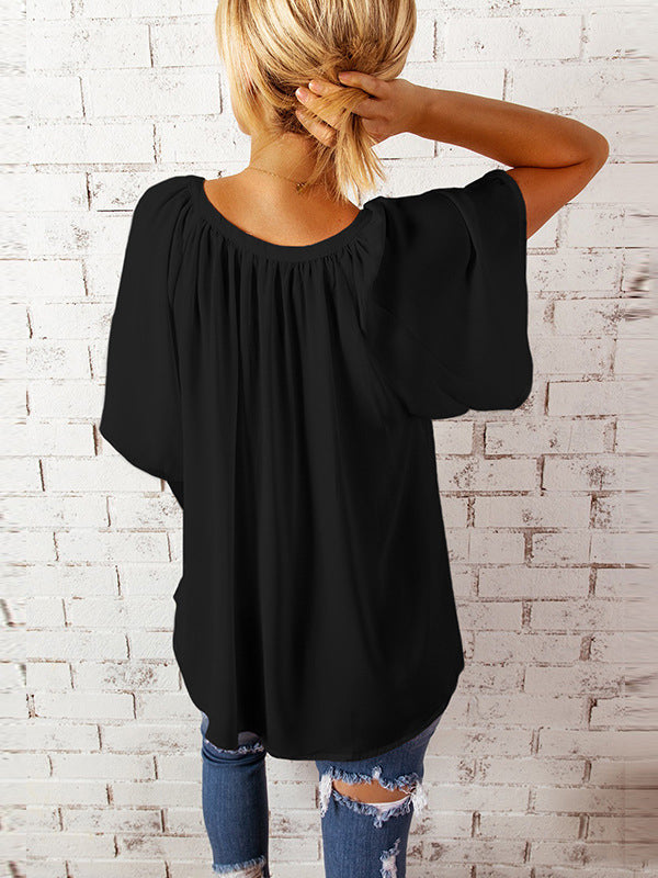 Simple Casual Solid Color Loose Pleated Half Sleeves T-Shirt Top