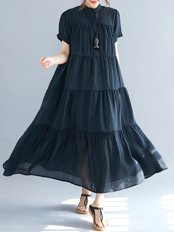 Vintage Loose Split-Joint Pleated Short Sleeves Round-Neck Midi Dress