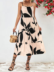 Loose Sleeveless Contrast Color Floral Printed Spaghetti-Neck Midi Dresses