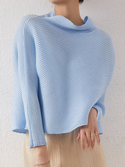 Loose Long Sleeves Pleated Solid Color High-Neck T-Shirts Tops