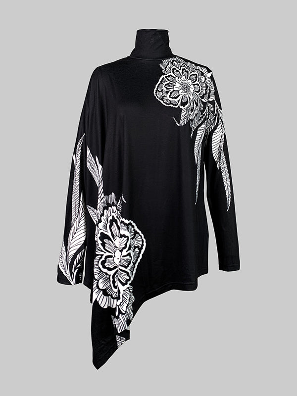 Batwing Sleeves Loose Asymmetric Floral Printed Split-Joint High Neck T-Shirts