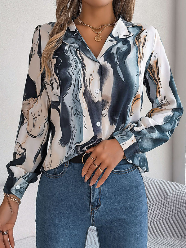 Long Sleeves Loose Buttoned Printed Notched Collar Blouses&Shirts Tops