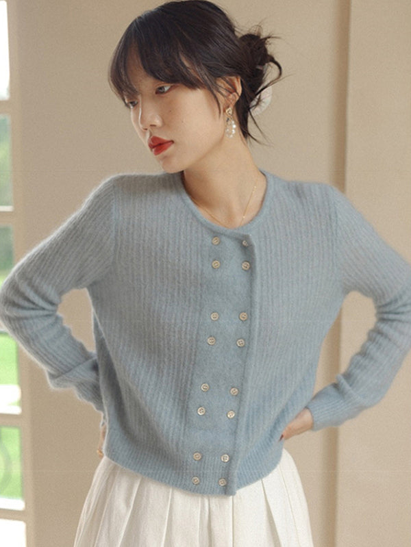 Urban Long Sleeves Buttoned Solid Color Round-Neck Cardigan Tops