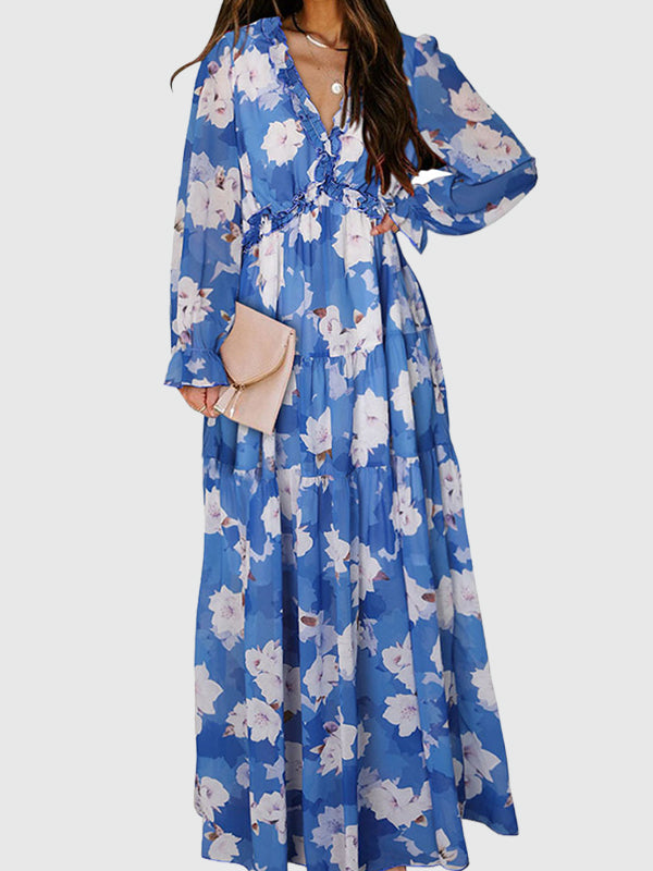 High Waisted Long Sleeves Flower Print Pleated Ruffled V-Neck Maxi Dresses