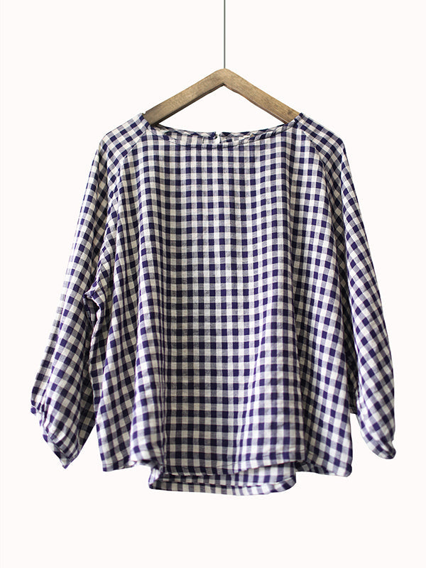 Vintage Loose Plaid Ramie Cotton Round-Neck Three-Quarter Sleeves T-Shirt Top