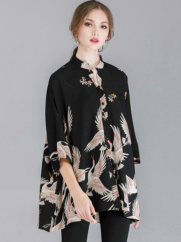 Original Crane Printed Buttoned Stand Collar Half Sleeves Blouse