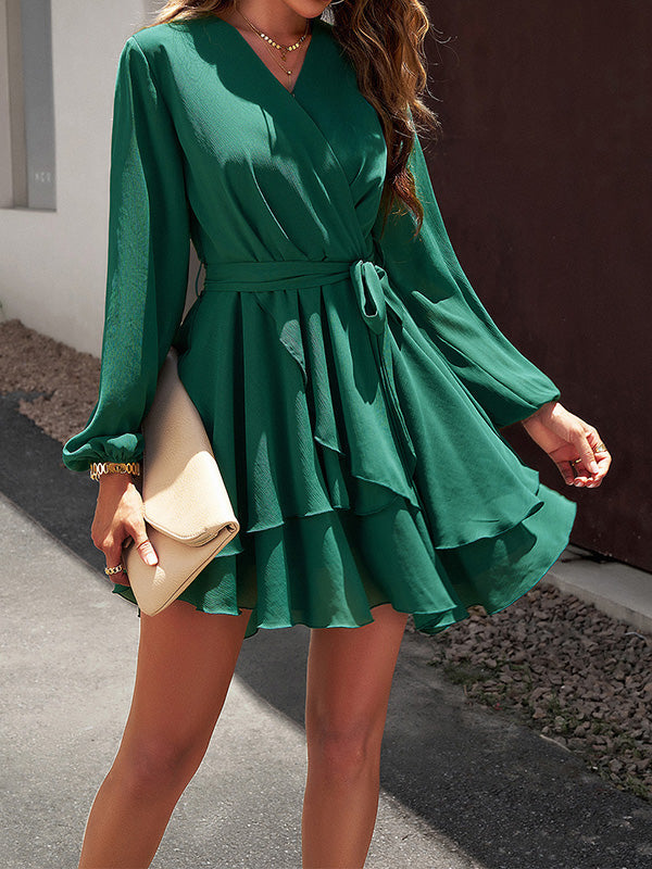 A-Line High Waisted Ruffled Solid Color Tied Waist V-Neck Mini Dresses