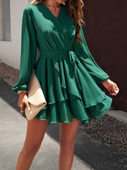 A-Line High Waisted Ruffled Solid Color Tied Waist V-Neck Mini Dresses