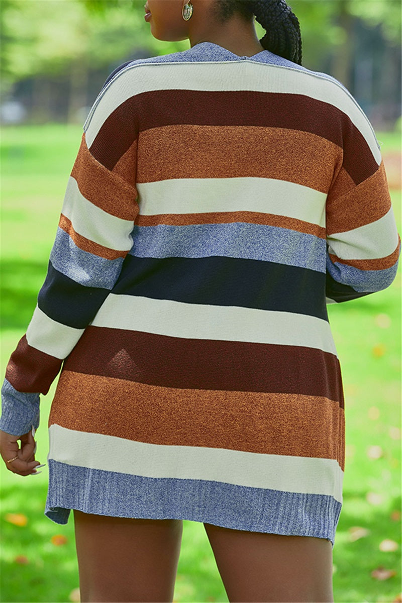 Women Fashion Autumn And Winter Striped Cardigan Coat