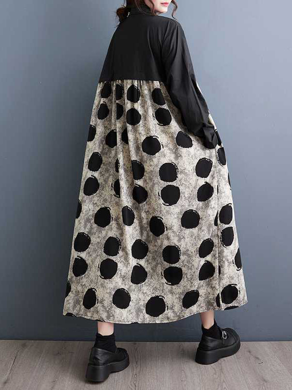 A-Line Long Sleeves Asymmetric Buttoned Polka-Dot Split-Joint Lapel Midi Dresses Shirt Dress