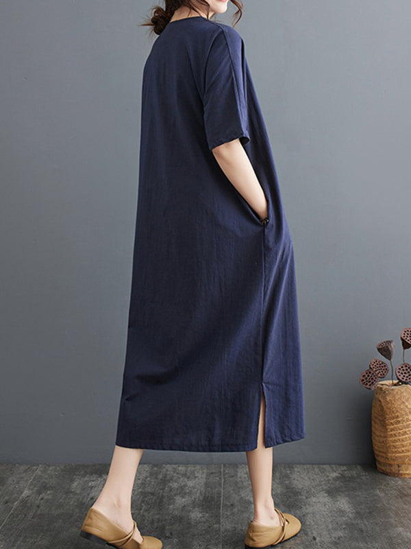 A-Line Loose Chinese Frog Buttons Pockets Solid Color Split-Side V-Neck Midi Dresses