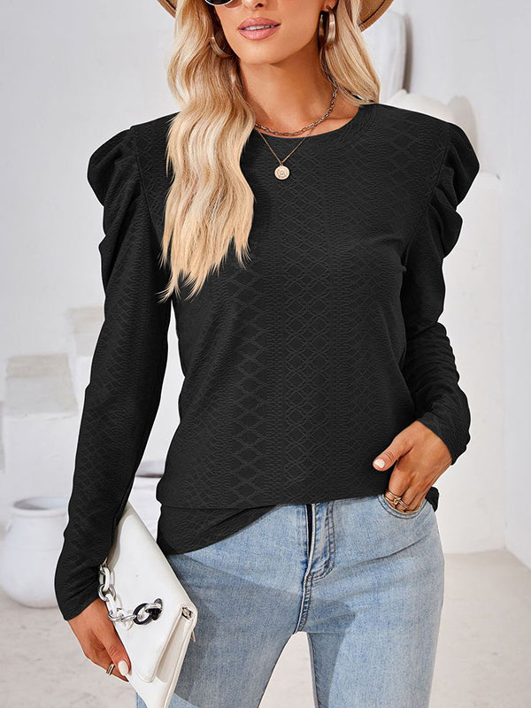 Long Sleeves Loose Pleated Solid Color Round-Neck T-Shirts Tops