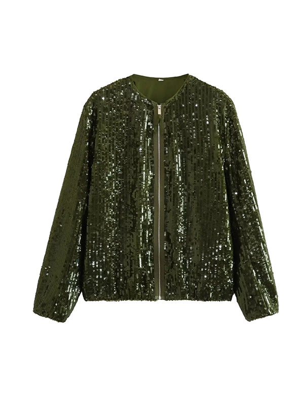 Loose Puff Sleeves Sequined Zipper Round-Neck Jackets Outerwear