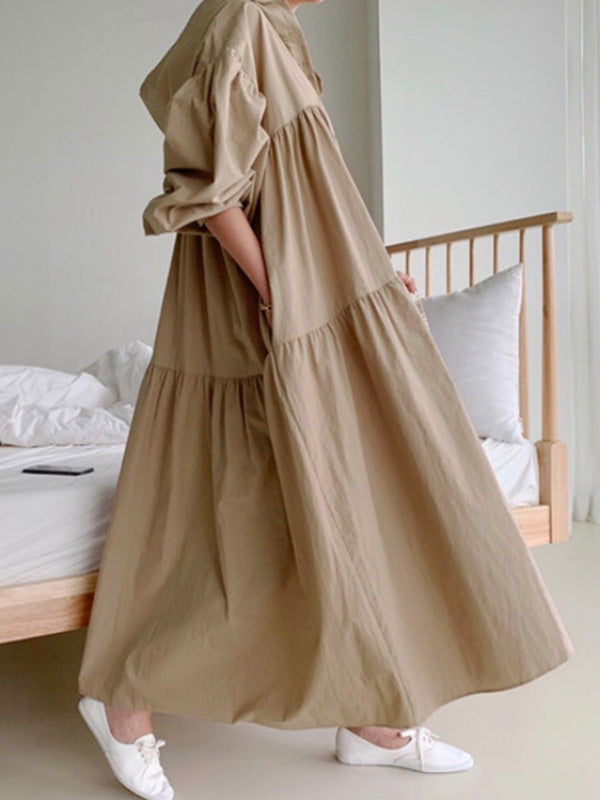 Urban Solid Color Pleated Long Sleeves Hooded Midi Dress