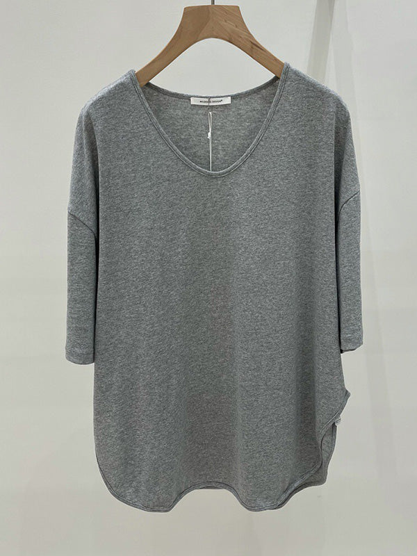 Casual Loose Split-Side Solid Color V-Neck T-Shirts Tops