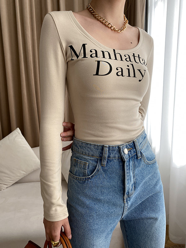 Long Sleeves Skinny Letter Print U-Neck T-Shirts