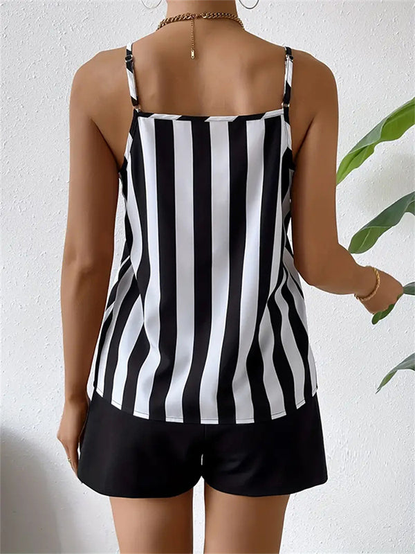 Loose Sleeveless Buttoned Split-Joint Striped Spaghetti-Neck Vest Top + Shorts Bottom Two Pieces Set