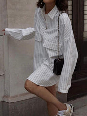 Irregular Clipping Long Sleeves Split-Joint Striped Lapel Blouses