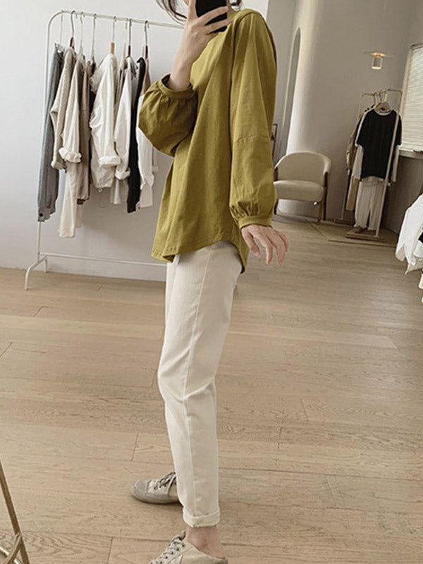 Long Sleeves Loose Pleated Solid Color Round-Neck T-Shirts Tops