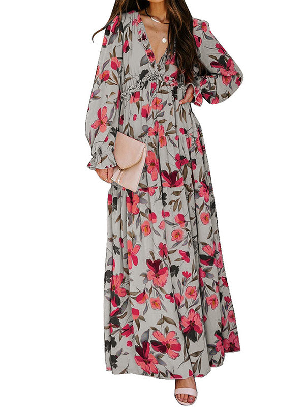 High Waisted Long Sleeves Flower Print Pleated Ruffled V-Neck Maxi Dresses