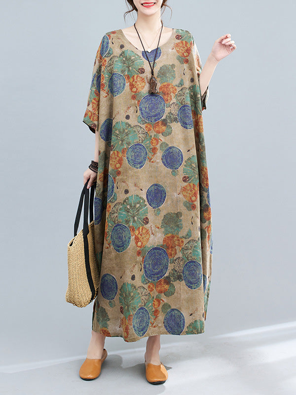 Casual Half Sleeves Loose Floral Printed Contrast Color Polka-Dot Round-Neck Midi Dresses