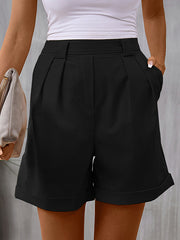 High Waisted Loose Pleated Pockets Solid Color Shorts Bottoms