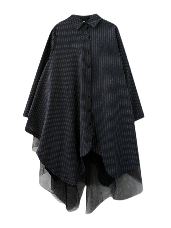 Loose Striped Gauze Split-Joint Lapel Long Dress