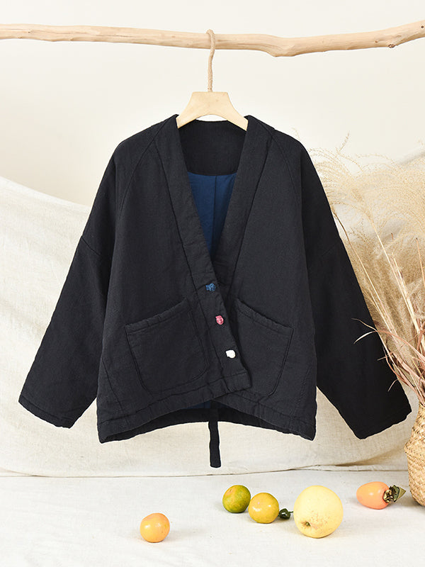 Vintage Loose Long Sleeves Keep Warm V-Neck Padded Coat